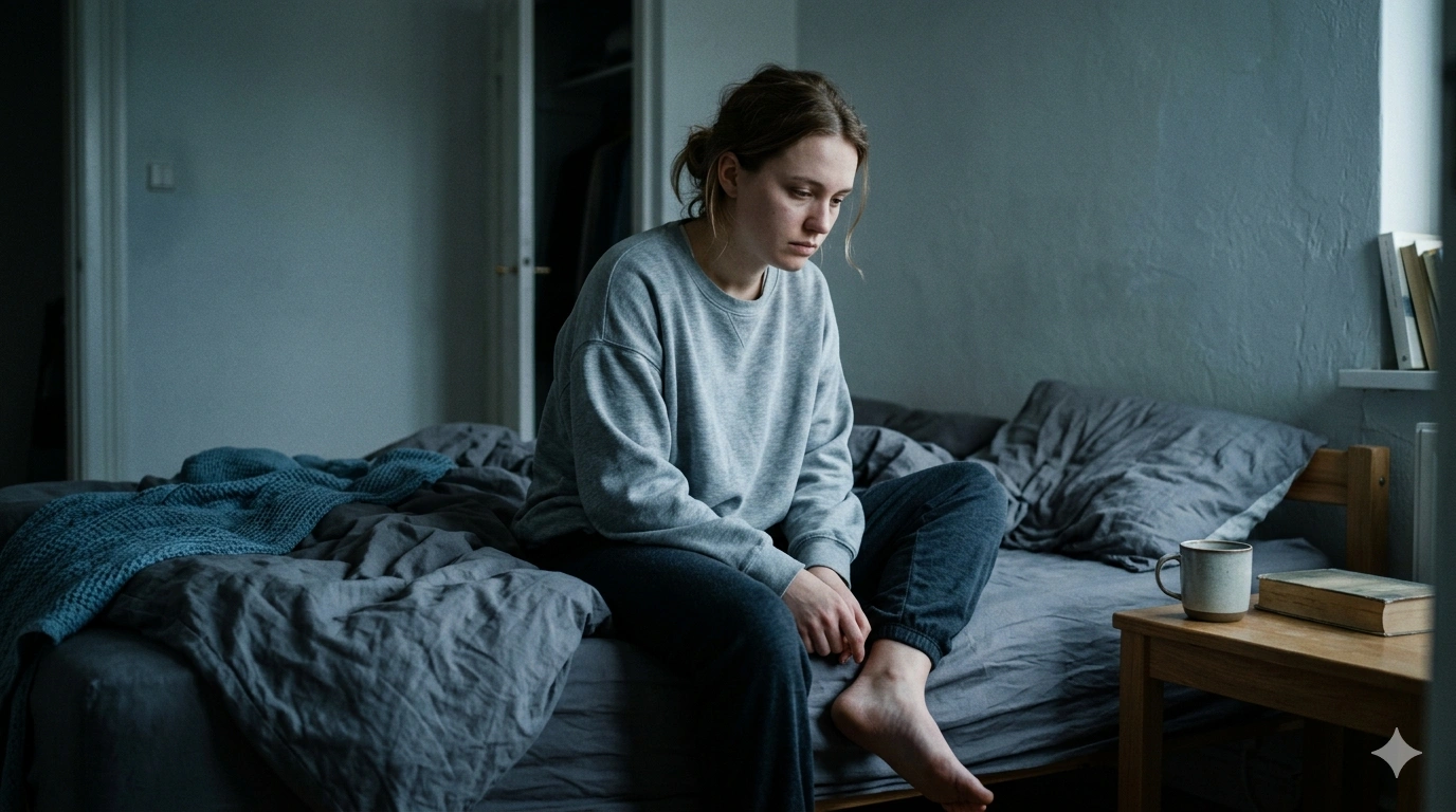 Person sitting alone feeling emotionally exhausted and persistently sad at home.